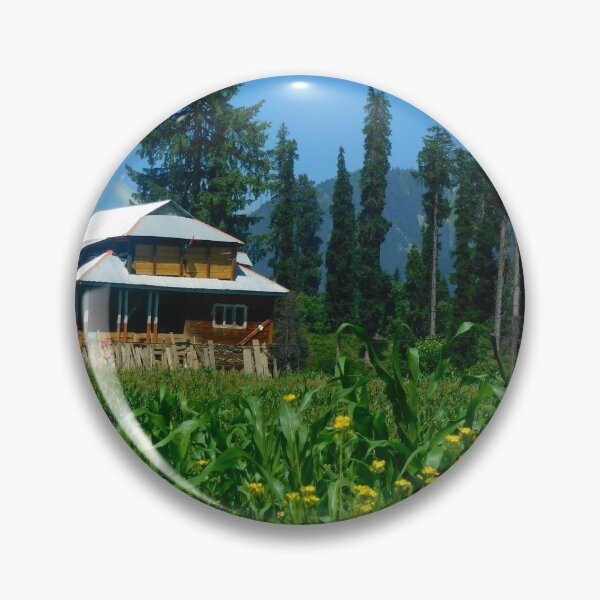 Item preview,  Travel Kashmir.  Arang Kel valley. Beautiful green grass, yellow flowers, a sloped roof house or hut in a meadow with mountains and cloudy blue sky in background. AJK Pakistan. designed and sold by TheNatureTalent.