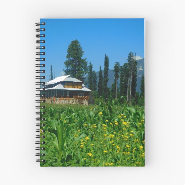 Item preview,  Travel Kashmir.  Arang Kel valley. Beautiful green grass, yellow flowers, a sloped roof house or hut in a meadow with mountains and cloudy blue sky in background. AJK Pakistan. designed and sold by TheNatureTalent.