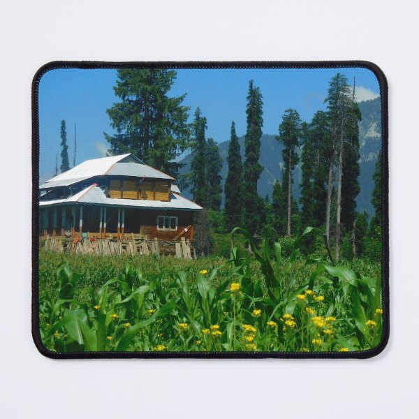 Item preview,  Travel Kashmir.  Arang Kel valley. Beautiful green grass, yellow flowers, a sloped roof house or hut in a meadow with mountains and cloudy blue sky in background. AJK Pakistan. designed and sold by TheNatureTalent.