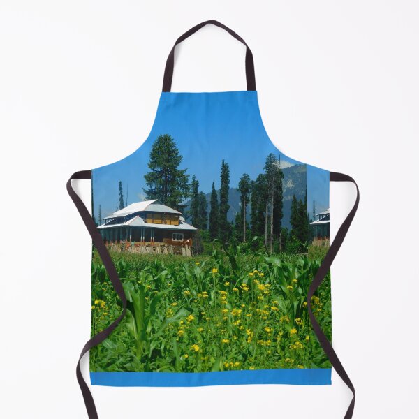 Item preview,  Travel Kashmir.  Arang Kel valley. Beautiful green grass, yellow flowers, a sloped roof house or hut in a meadow with mountains and cloudy blue sky in background. AJK Pakistan. designed and sold by TheNatureTalent.