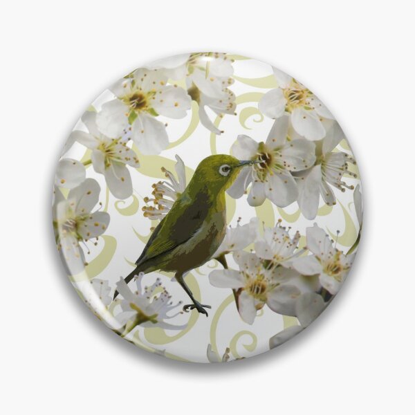 Artikelvorschau, Birds Blossoms on White with Pale Green Swirls Repeat 5748 entworfen und verkauft von Art in My Loft.