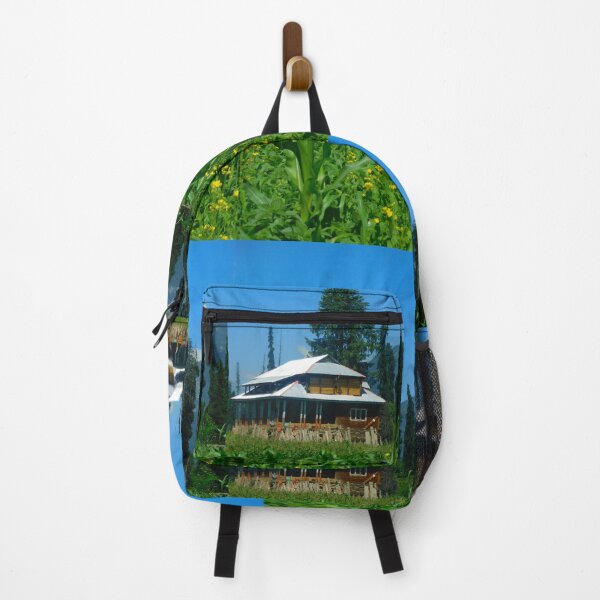Item preview,  Travel Kashmir.  Arang Kel valley. Beautiful green grass, yellow flowers, a sloped roof house or hut in a meadow with mountains and cloudy blue sky in background. AJK Pakistan. designed and sold by TheNatureTalent.