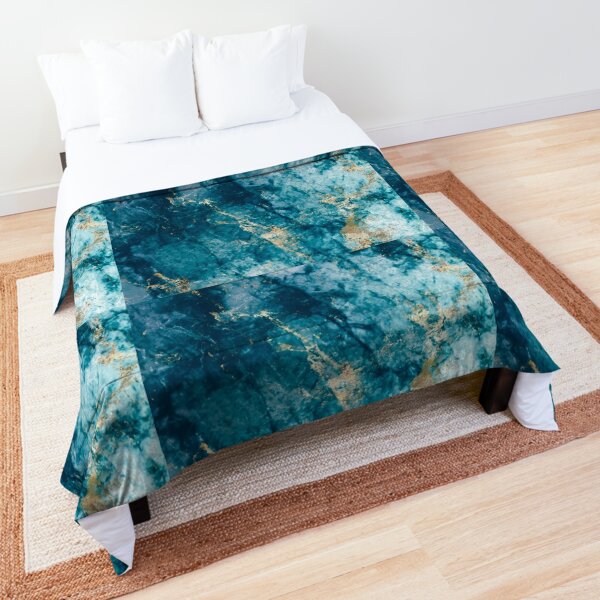 Teal Marble Comforter Set King,Blue Gold Marble Bedding, Abstract