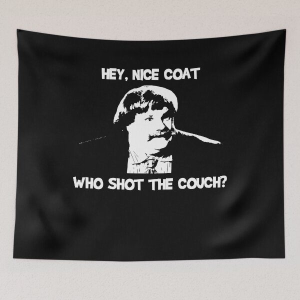 Item preview, Hey, Nice Coat Who Shot The Couch? White and Black Design designed and sold by RoseDaniel5.