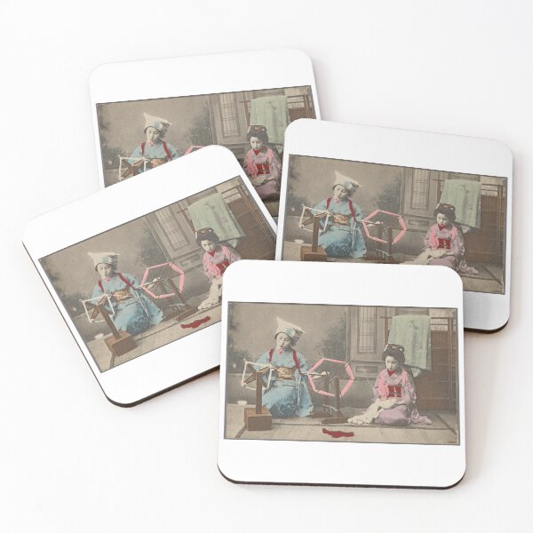 Item preview, Japanese Maiko Girls at the Spinning Wheel  - Traditional Hand-made Colored Vintage Japan Picture  designed and sold by FrostMintStudio.