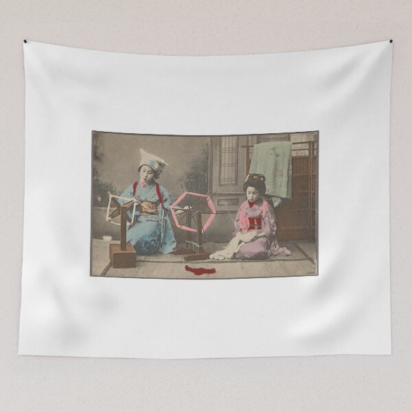 Item preview, Japanese Maiko Girls at the Spinning Wheel  - Traditional Hand-made Colored Vintage Japan Picture  designed and sold by FrostMintStudio.