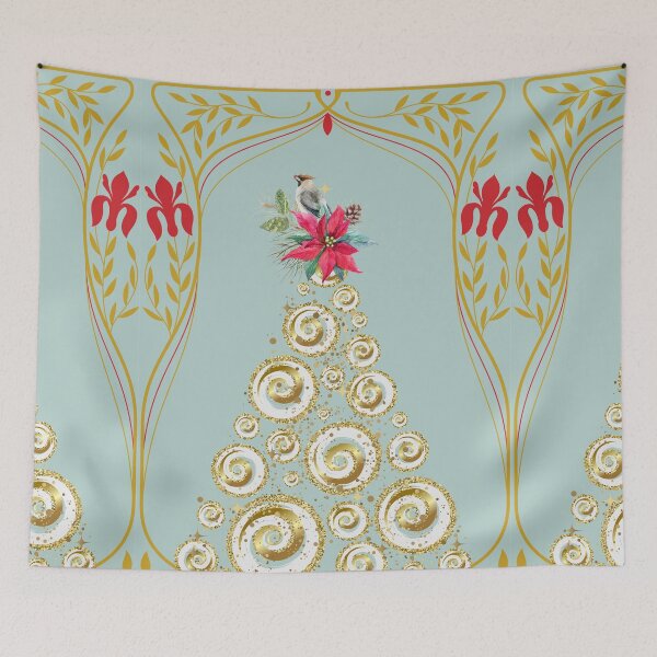 Item preview, Christmas Art Nouveau Bird and Poinsettia Red, Gold and Jade designed and sold by Embodied Goddesses.