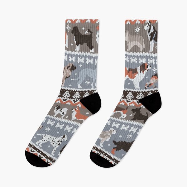 Item preview, Fluffy and bright fair isle knitting doggie friends // grey and taupe brown background brown orange white and grey dog breeds designed and sold by SelmaCardoso.