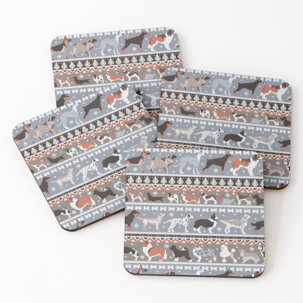 Item preview, Fluffy and bright fair isle knitting doggie friends // grey and taupe brown background brown orange white and grey dog breeds designed and sold by SelmaCardoso.