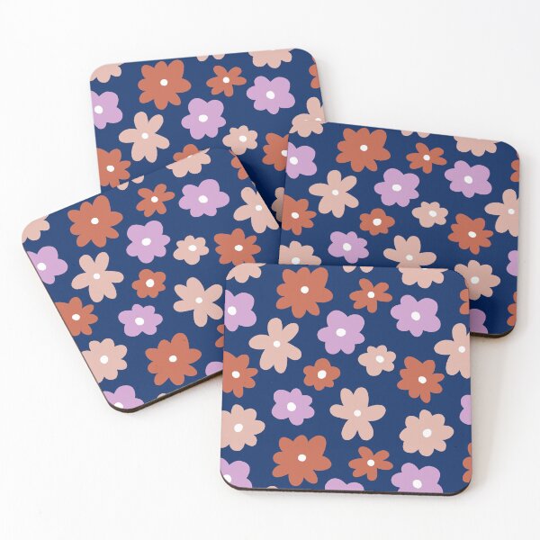 Item preview, Happy retro flowers, violet, brick red and powder pink with background in dark blue designed and sold by Nadezda Kravcenko.