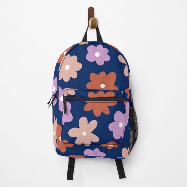 Item preview, Happy retro flowers, violet, brick red and powder pink with background in dark blue designed and sold by Nadezda Kravcenko.
