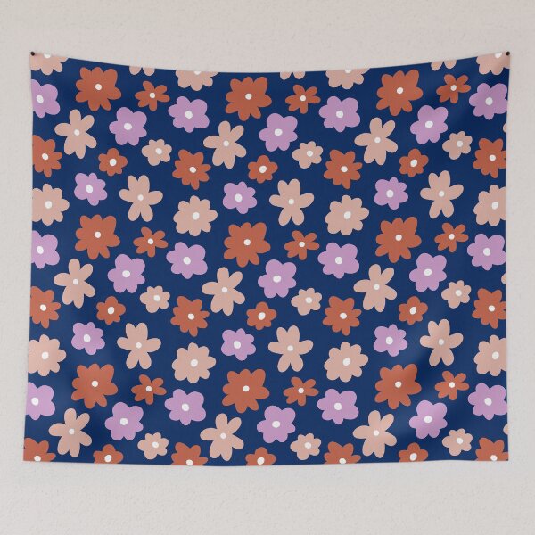 Item preview, Happy retro flowers, violet, brick red and powder pink with background in dark blue designed and sold by Nadezda Kravcenko.