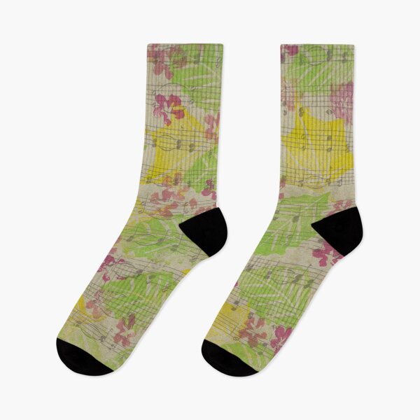 Item preview, Hand Cut Block Print Spring Blossoms and Leaves on Music designed and sold by LymphomaLass.