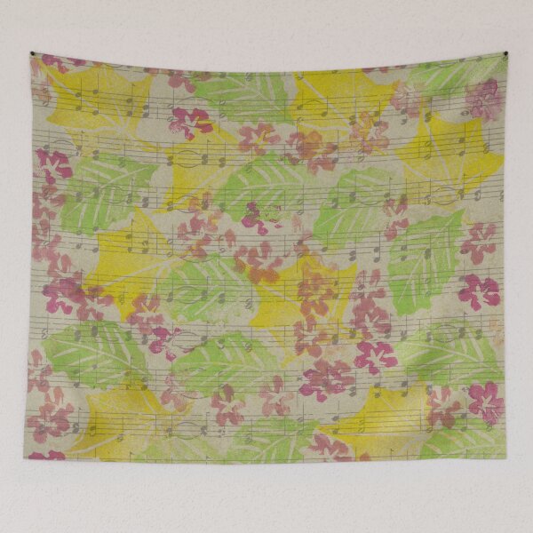 Item preview, Hand Cut Block Print Spring Blossoms and Leaves on Music designed and sold by LymphomaLass.