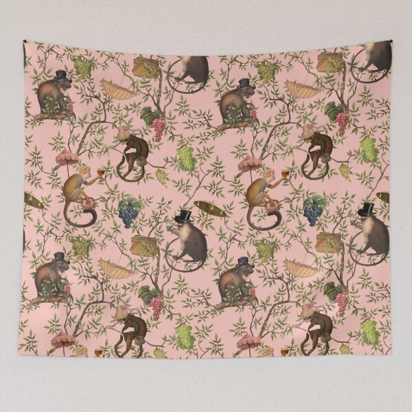 Item preview, Copy of Vintage Chinoiserie Monkeys Botanical Garden pink Nightgarden designed and sold by UtArt.