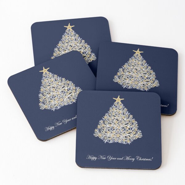 Item preview, Christmas tree greeting card made of white corals and starfish against dark blue background and the greeting text designed and sold by Familyshmot.