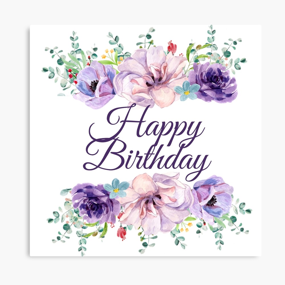 Happy Birthday Vintage Watercolor Pink and Purple Flowers 