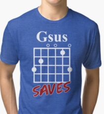 Gsus Saves Chord T-Shirt, Funny Guitar Lover Gift Tri-blend T-Shirt