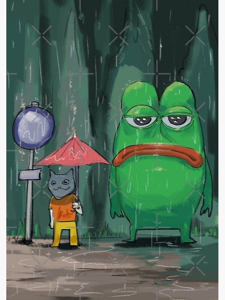 sad PEPE the frog and cat in the rain