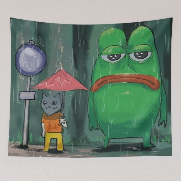 Item preview, sad PEPE the frog and cat in the rain designed and sold by VinBasis.