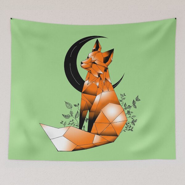 Item preview, Geometric Fox with crescent Moon and leaves light  green background 2 designed and sold by DemonicGloom.