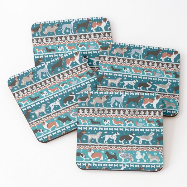 Item preview, Fluffy and bright fair isle knitting doggie friends // teal background brown orange white and grey dog breeds  designed and sold by SelmaCardoso.