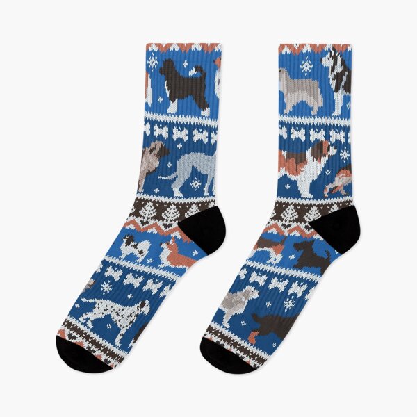 Item preview, Fluffy and bright fair isle knitting doggie friends // classic and electric blue background brown orange white and grey dog breeds  designed and sold by SelmaCardoso.