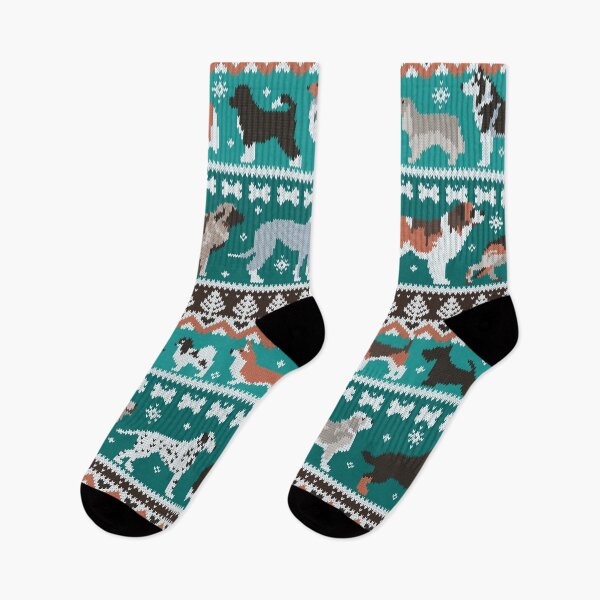 Item preview, Fluffy and bright fair isle knitting doggie friends // pine and java green background brown orange white and grey dog breeds  designed and sold by SelmaCardoso.