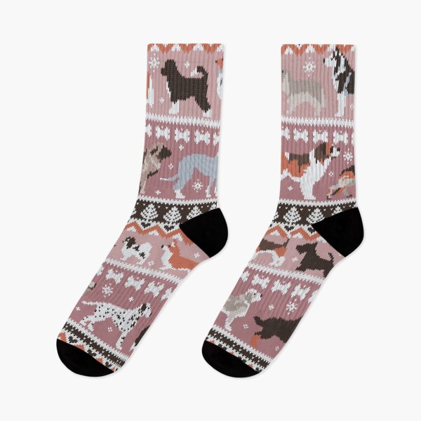 Item preview, Fluffy and bright fair isle knitting doggie friends // dry rose and careys pink background brown orange white and grey dog breeds  designed and sold by SelmaCardoso.
