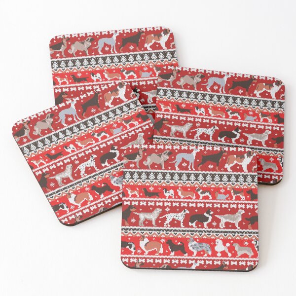 Item preview, Fluffy and bright fair isle knitting doggie friends // fire brick and fire engine red background brown orange white and grey dog breeds  designed and sold by SelmaCardoso.