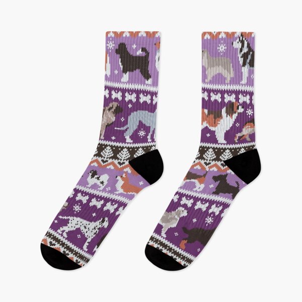 Item preview, Fluffy and bright fair isle knitting doggie friends // seance purple and east side violet background brown orange white and grey dog breeds  designed and sold by SelmaCardoso.