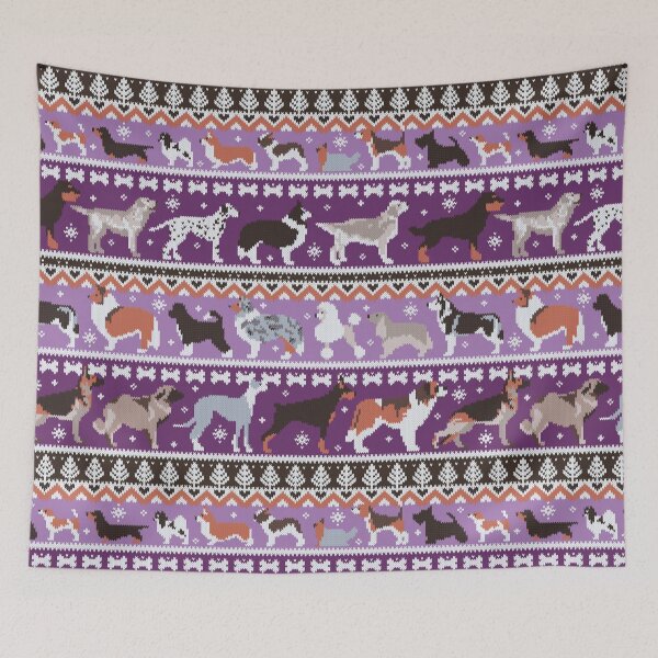 Item preview, Fluffy and bright fair isle knitting doggie friends // seance purple and east side violet background brown orange white and grey dog breeds  designed and sold by SelmaCardoso.