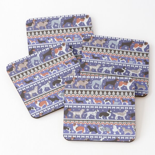 Item preview, Fluffy and bright fair isle knitting doggie friends // very peri Pantone color of the year 2022 and victoria blue background brown orange white and grey dog breeds  designed and sold by SelmaCardoso.