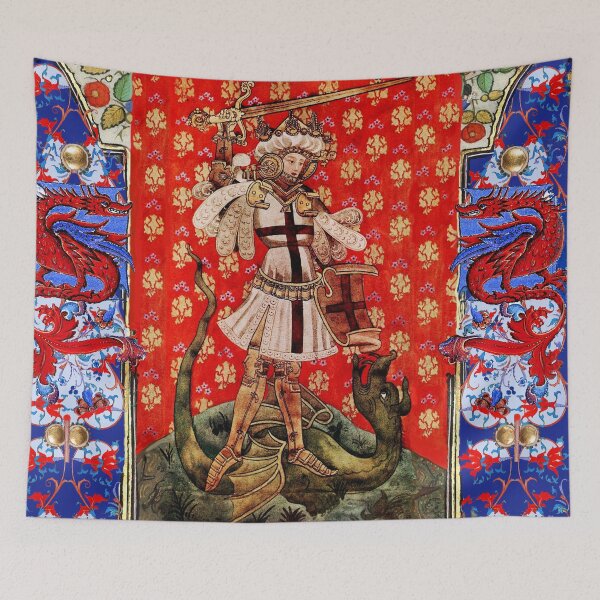 Item preview, Saint George and Dragon Medieval Miniature ,Red Blue White Floral Motifs designed and sold by BulganLumini.