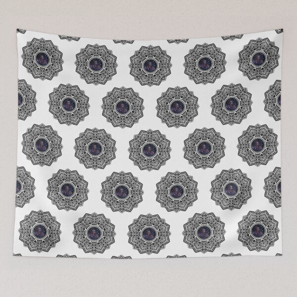 Item preview, Galaxy art - black and white mandala drawing with stars and moon designed and sold by LorenaElenaArt.