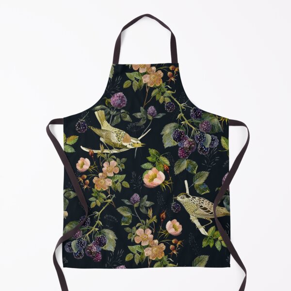 Vista previa del artículo con la obra «Rosa mosqueta acuarela, pájaros, moras, hierbas del bosque. Patrón floral sobre fondo negro.», diseñado y vendido por margo-soleil.