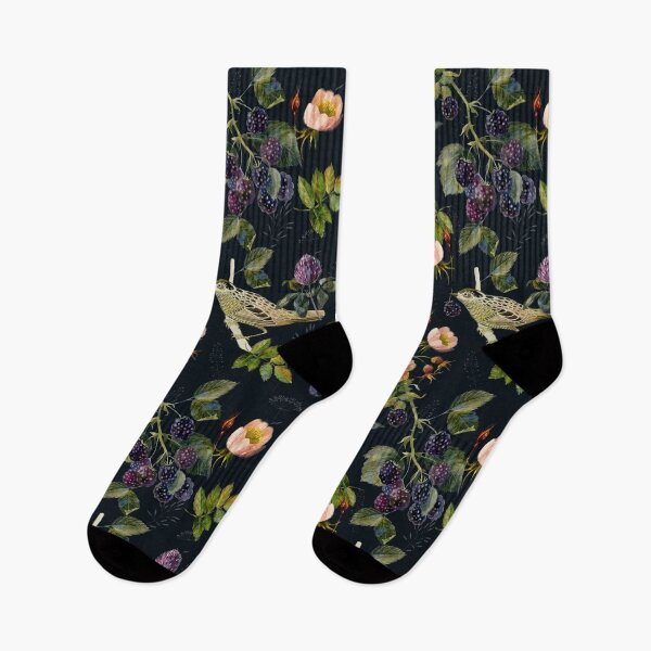 Item preview, Watercolor rosehip, birds, blackberry, forest herbs. Floral pattern on a black background. designed and sold by margo-soleil.