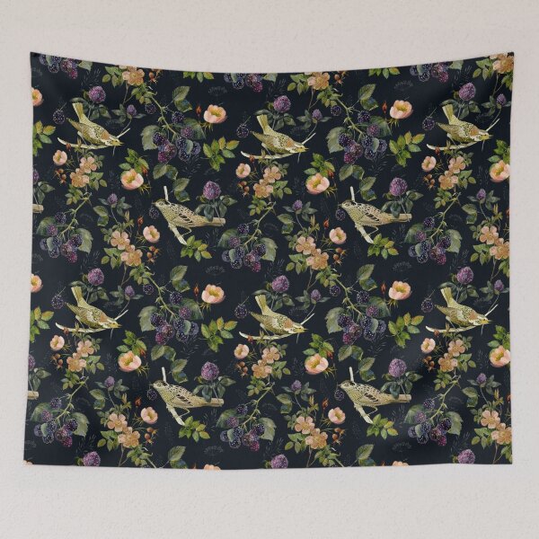 Item preview, Watercolor rosehip, birds, blackberry, forest herbs. Floral pattern on a black background. designed and sold by margo-soleil.