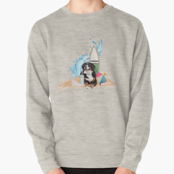 Bernese Mountain Dog: Bernese Mt. Dog with surfboard and waves Pullover Sweatshirt
