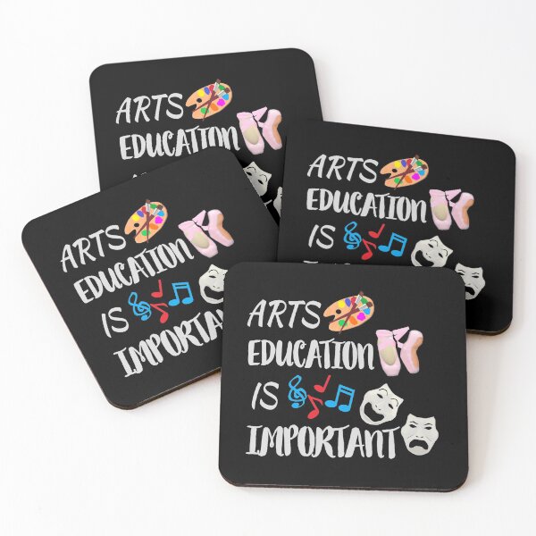 Item preview, Arts Education Is Important Silver Gray Drama Masks with Artist Paint Palette, Ballet Shoes and Music Notes (Black Background) designed and sold by ArtByLM.