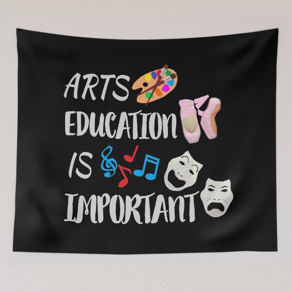 Item preview, Arts Education Is Important Silver Gray Drama Masks with Artist Paint Palette, Ballet Shoes and Music Notes (Black Background) designed and sold by ArtByLM.