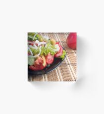 Closeup view fresh natural salad with raw tomato, cucumber, olives Acrylic Block