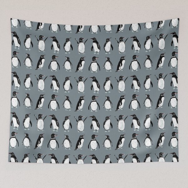 Item preview, Galapagos penguin pattern on gray-blue designed and sold by colorofmagic.