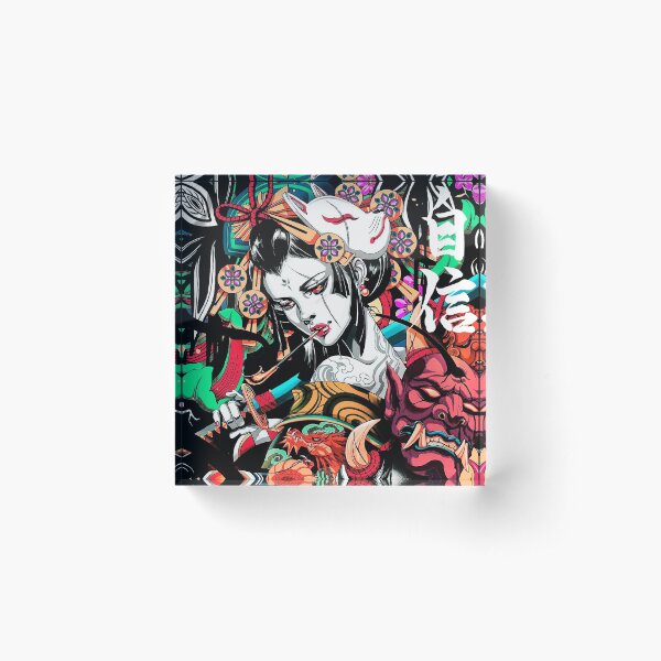 Japanese Geisha Samurai Vaporwave Evil Mask Acrylic Block