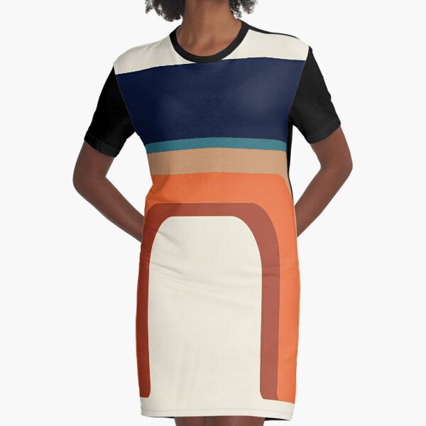 Mid-Century Modern Meets 1970s Orange and Blue Rainbow Graphic T-Shirt Dress