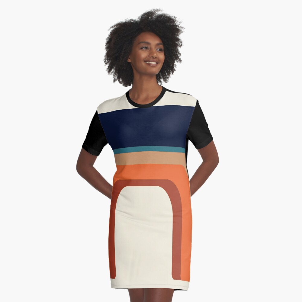 Mid-Century Modern Meets 1970s Orange and Blue Rainbow Graphic T-Shirt Dress