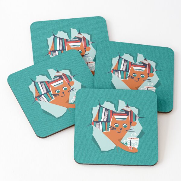 Item preview, Bookish cat // orange tabby cat with tea mug teal neon red white and flesh coral books  designed and sold by SelmaCardoso.