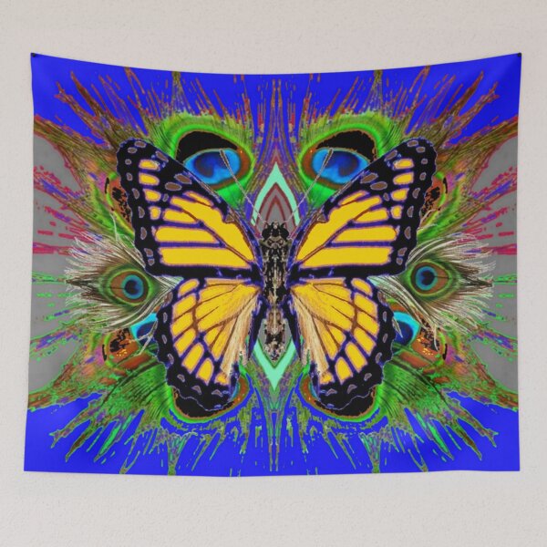 Item preview,   YELLOW MONARCH BLUE PEACOCK FEATHERS  ART designed and sold by sharlesart.