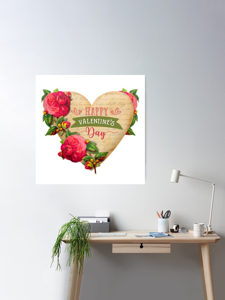 Happy Valentine's Day Vintage Newspaper Heart with Red Roses