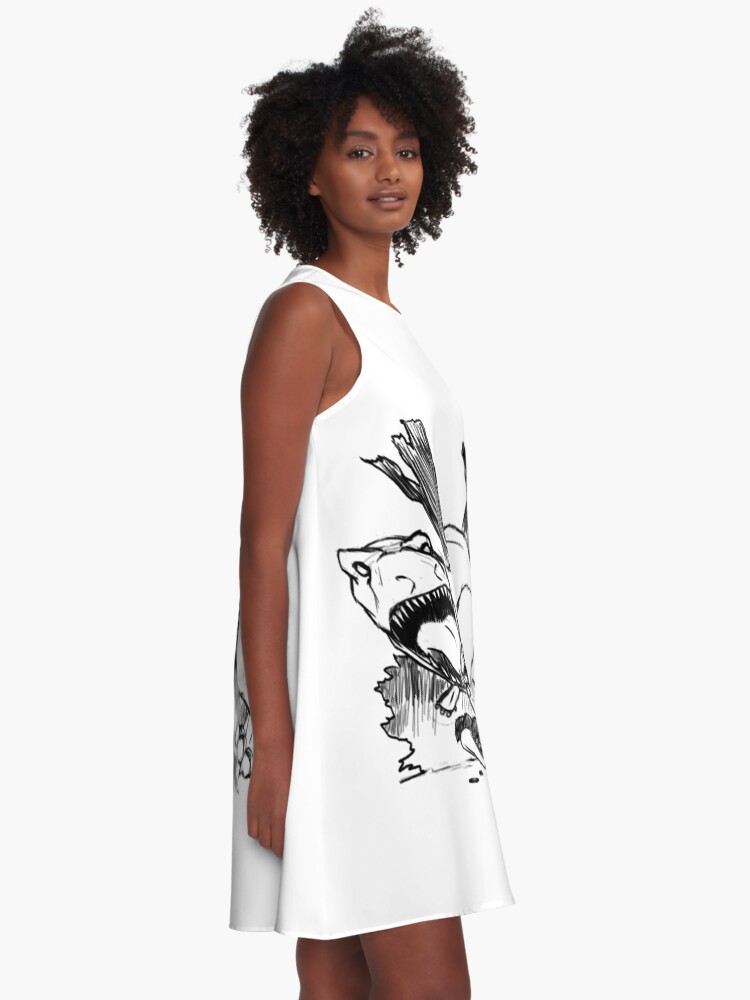 Alternate view of Dinosaurs And Robots- black version A-Line Dress